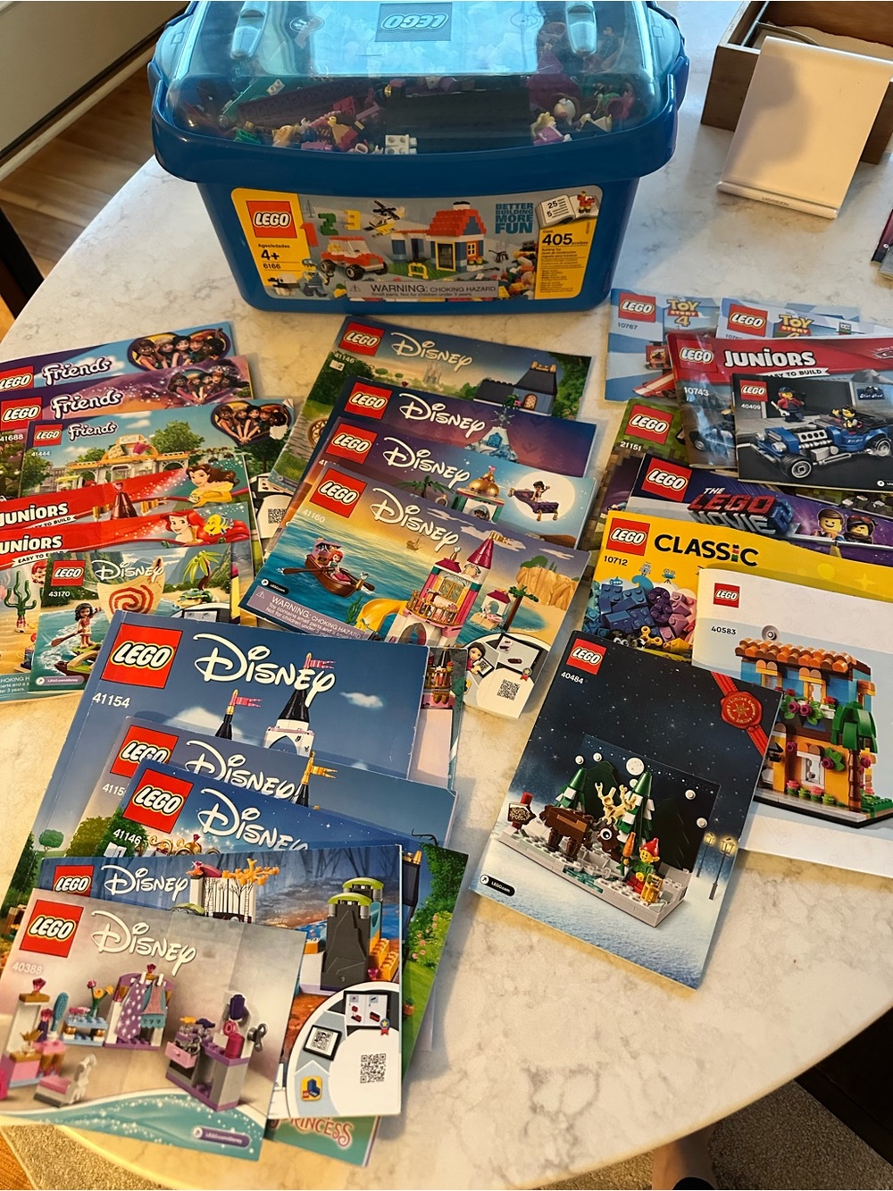 LEGO Disney & Juniors Assorted Pieces, Instruction Booklets w/Blue Storage Bin